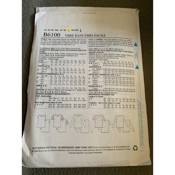 Butterick B6100 Sewing Pattern Womens Tops Size 8-16 Fast & Easy 2014 - Picture 2 of 2